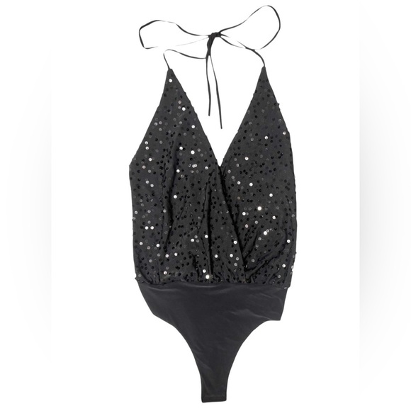 Women’s Plunging backless black Sequins Halter Bodysuit Thong size Small Y2K NWT - Picture 1 of 16